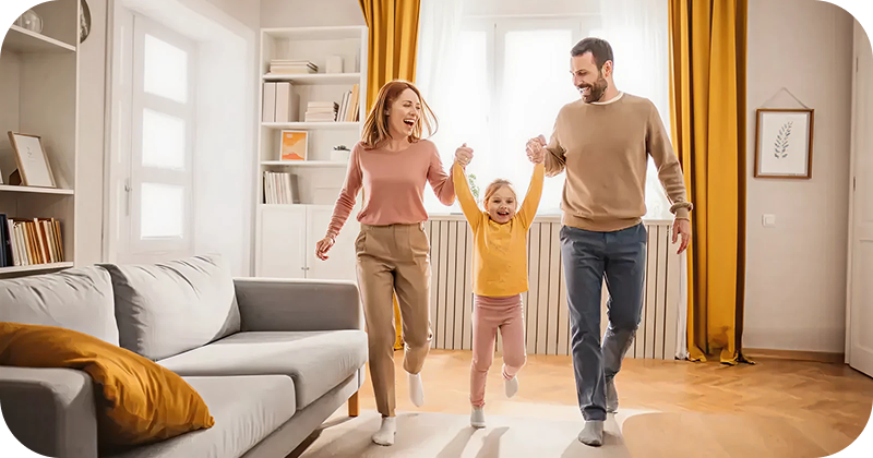 Family walking through a renovated living room